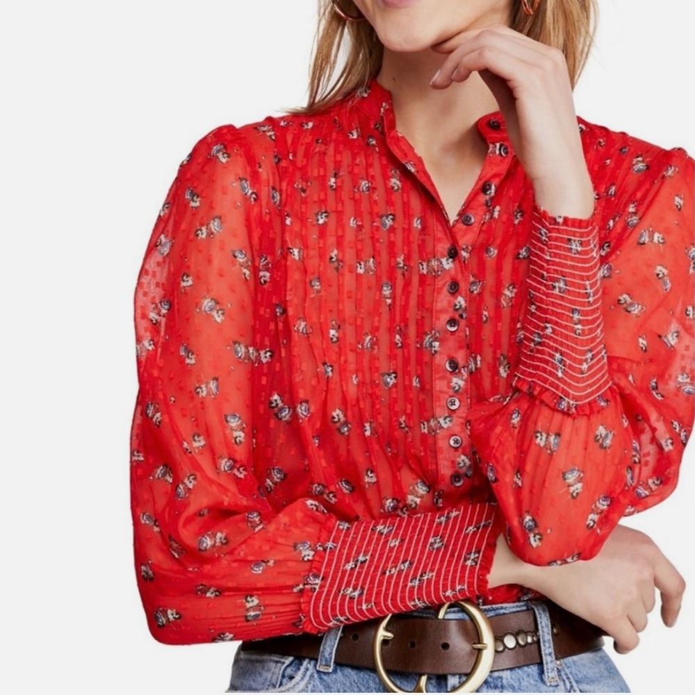 Free People Womens Flowers In December Floral Red Top